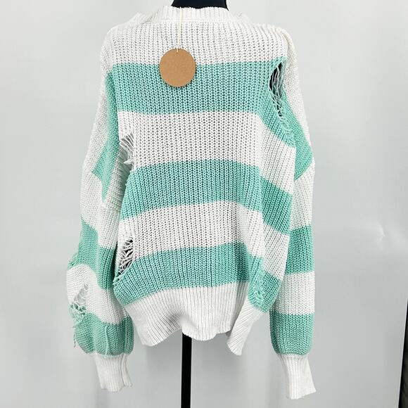 Oversized Distressed Chunky Knit Sweater Women’s XL Striped Green White NWT - Picture 3 of 9